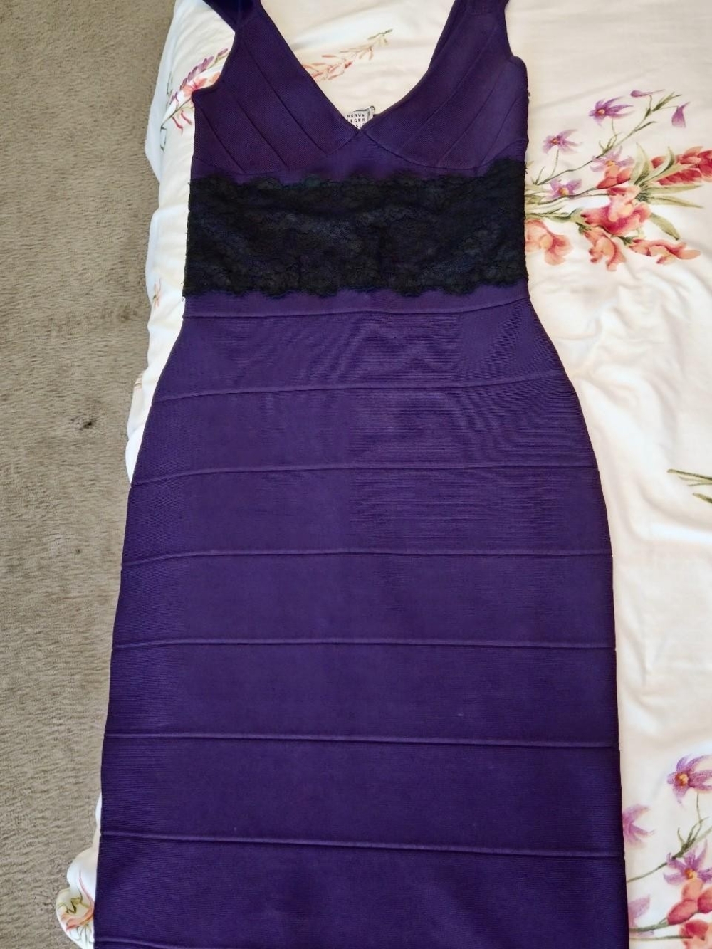 Herve Leger Purple Midi Bandage Dress with Black Lace Waist